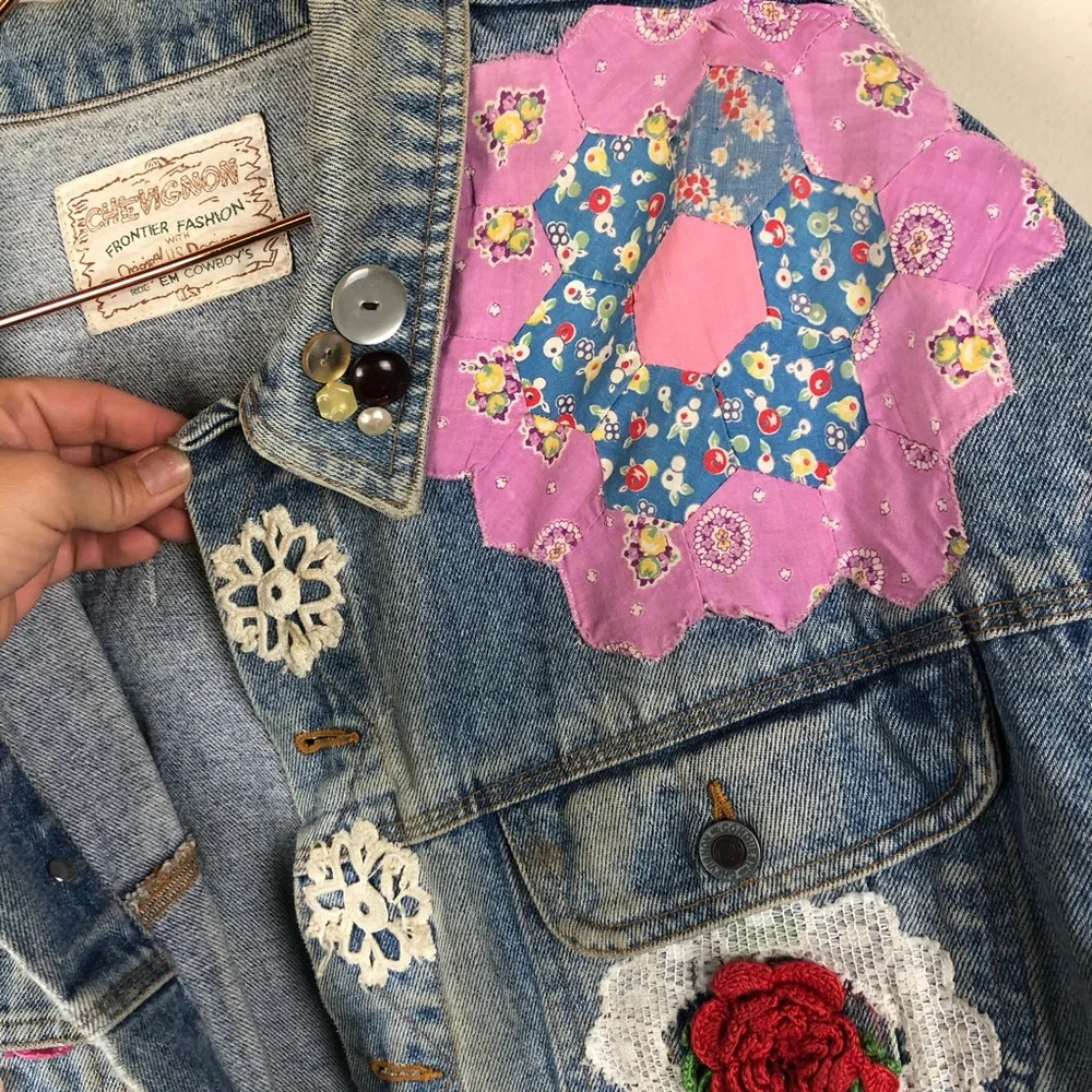 Embellished Blue Jean Jacket Crochet Patchwork - Picture 6 of 14